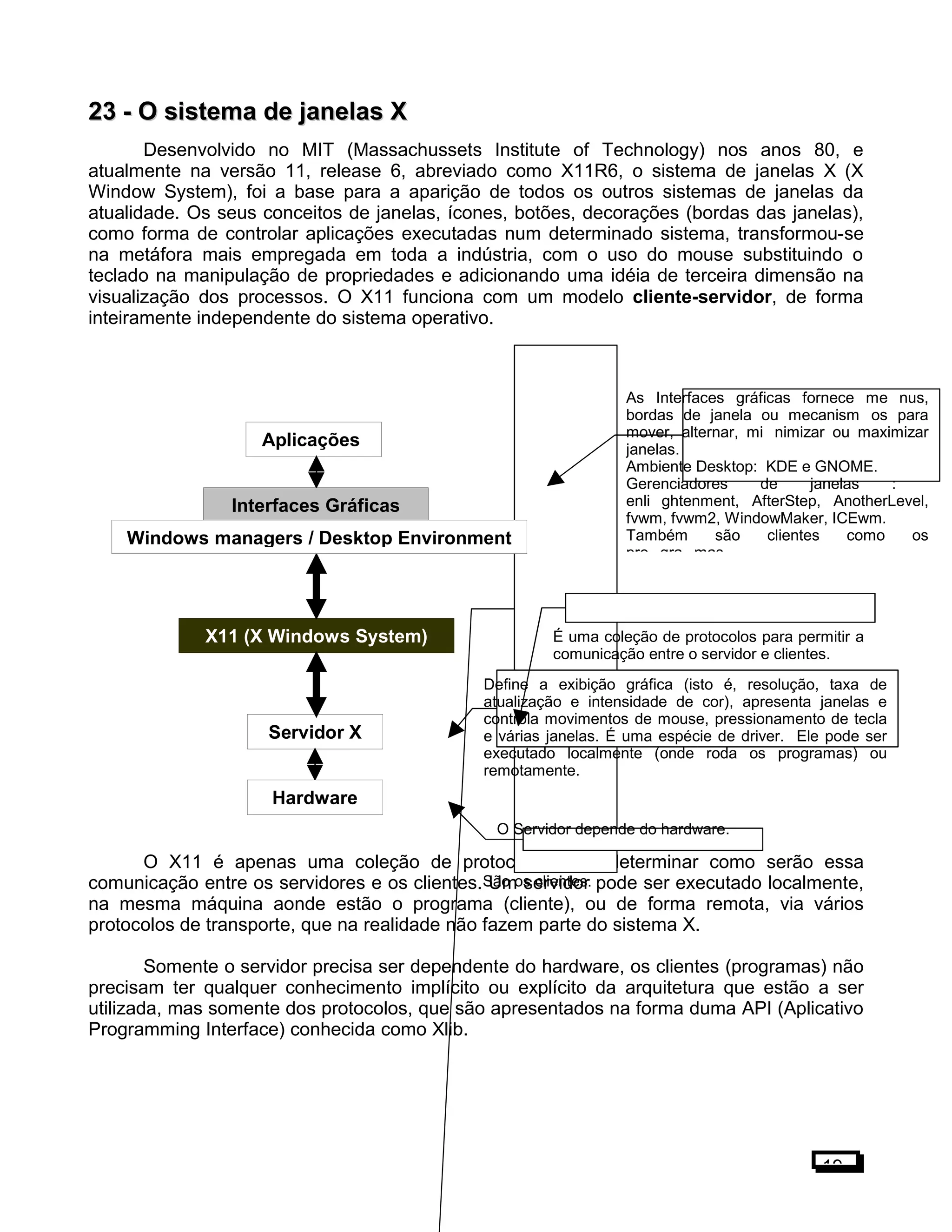23 -23 - O sistema de janelas XO sistema de janelas X
Desenvolvido no MIT (Massachussets Institute of Technology) nos anos 80, e
atualmente na versão 11, release 6, abreviado como X11R6, o sistema de janelas X (X
Window System), foi a base para a aparição de todos os outros sistemas de janelas da
atualidade. Os seus conceitos de janelas, ícones, botões, decorações (bordas das janelas),
como forma de controlar aplicações executadas num determinado sistema, transformou-se
na metáfora mais empregada em toda a indústria, com o uso do mouse substituindo o
teclado na manipulação de propriedades e adicionando uma idéia de terceira dimensão na
visualização dos processos. O X11 funciona com um modelo cliente-servidor, de forma
inteiramente independente do sistema operativo.
O X11 é apenas uma coleção de protocolos para determinar como serão essa
comunicação entre os servidores e os clientes. Um servidor pode ser executado localmente,
na mesma máquina aonde estão o programa (cliente), ou de forma remota, via vários
protocolos de transporte, que na realidade não fazem parte do sistema X.
Somente o servidor precisa ser dependente do hardware, os clientes (programas) não
precisam ter qualquer conhecimento implícito ou explícito da arquitetura que estão a ser
utilizada, mas somente dos protocolos, que são apresentados na forma duma API (Aplicativo
Programming Interface) conhecida como Xlib.
19
Aplicações
São os clientes.
Servidor X
X11 (X Windows System)
Define a exibição gráfica (isto é, resolução, taxa de
atualização e intensidade de cor), apresenta janelas e
controla movimentos de mouse, pressionamento de tecla
e várias janelas. É uma espécie de driver. Ele pode ser
executado localmente (onde roda os programas) ou
remotamente.
É uma coleção de protocolos para permitir a
comunicação entre o servidor e clientes.
Hardware
O Servidor depende do hardware.
Interfaces Gráficas
As Interfaces gráficas fornece me nus,
bordas de janela ou mecanism os para
mover, alternar, mi nimizar ou maximizar
janelas.
Ambiente Desktop: KDE e GNOME.
Gerenciadores de janelas :
enli ghtenment, AfterStep, AnotherLevel,
fvwm, fvwm2, WindowMaker, ICEwm.
Também são clientes como os
pro gra mas.
Windows managers / Desktop Environment
 