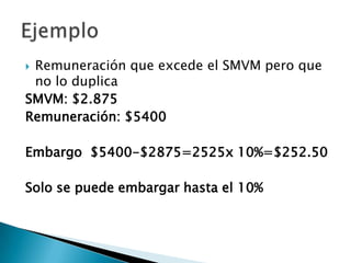 Remuneración que excede el SMVM pero que
 no lo duplica
SMVM: $2.875
Remuneración: $5400

Embargo $5400-$2875=2525x 10%=$252.50

Solo se puede embargar hasta el 10%
 