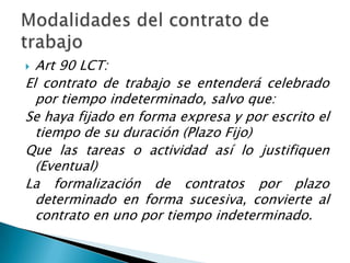  Art 90 LCT:
El contrato de trabajo se entenderá celebrado
  por tiempo indeterminado, salvo que:
Se haya fijado en forma expresa y por escrito el
  tiempo de su duración (Plazo Fijo)
Que las tareas o actividad así lo justifiquen
  (Eventual)
La formalización de contratos por plazo
  determinado en forma sucesiva, convierte al
  contrato en uno por tiempo indeterminado.
 