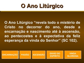 O Ano Litúrgico

 O Ano Litúrgico “revela todo o mistério de
 Cristo no decorrer do ano, desde a
 encarnação e nascimento até à ascensão,
 ao pentecostes e à expectativa da feliz
 esperança da vinda do Senhor” (SC 102).


                                 ENVIO DO     VINDA
ENCARNAÇÃO   PAIXÃO   ASCENSÃO
                                 ESPÍRITO   GLORIOSA
 
