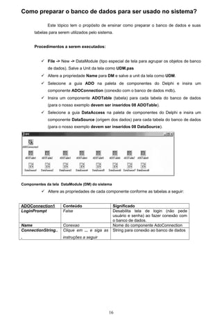 Como preparar o banco de dados para ser usado no sistema?

             Este tópico tem o propósito de ensinar como preparar o banco de dados e suas
      tabelas para serem utilizados pelo sistema.


      Procedimentos a serem executados:


           File -> New -> DataModule (tipo especial de tela para agrupar os objetos de banco
             de dados). Salve a Unit da tela como UDM.pas
           Altere a propriedade Name para DM e salve a unit da tela como UDM.
           Selecione a guia ADO na paleta de componentes do Delphi e insira um
             componente ADOConnection (conexão com o banco de dados mdb).
           Insira um componente ADOTable (tabela) para cada tabela do banco de dados
             (para o nosso exemplo devem ser inseridos 08 ADOTable).
           Selecione a guia DataAccess na paleta de componentes do Delphi e insira um
             componente DataSource (origem dos dados) para cada tabela do banco de dados
             (para o nosso exemplo devem ser inseridos 08 DataSource).




Componentes da tela DataModule (DM) do sistema
           Altere as propriedades de cada componente conforme as tabelas a seguir:


ADOConnection1       Conteúdo                    Significado
LoginPrompt          False                       Desabilita tela de login (não pede
                                                 usuário e senha) ao fazer conexão com
                                                 o banco de dados.
Name                 Conexao                     Nome do componente AdoConnection
ConnectionString..   Clique em ... e siga as     String para conexão ao banco de dados
.                    instruções a seguir




                                               16
 