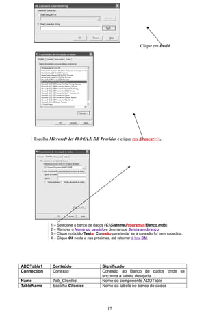 Clique em Build...




     Escolha Microsoft Jet 40.0 OLE DB Provider e clique em Avançar>>.




             1 – Selecione o banco de dados (C:SistemaProgramasBanco.mdb)
             2 – Remova o Nome do usuário e desmarque Senha em branco
             3 – Clique no botão Testar Conexão para testar se a conexão foi bem sucedida.
             4 – Clique Ok nesta e nas próximas, até retornar à tela DM.




ADOTable1     Conteúdo                     Significado
Connection    Conexao                      Conexão ao Banco de dados onde se
                                           encontra a tabela desejada.
Name          Tab_Clientes                 Nome do componente ADOTable
TableName     Escolha Clientes             Nome da tabela no banco de dados




                                              17
 