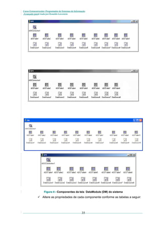 Curso Extracurricular: Programador de Sistemas de Informação
Avançado paraCriada por Ronaldo Lavestein

Figura 4 - Componentes da tela DataModule (DM) do sistema

 Altere as propriedades de cada componente conforme as tabelas a seguir:

35

 