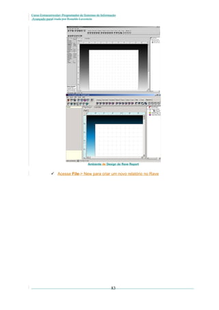 Curso Extracurricular: Programador de Sistemas de Informação
Avançado paraCriada por Ronaldo Lavestein

Ambiente de Design do Rave Report

 Acesse File-> New para criar um novo relatório no Rave

83

 