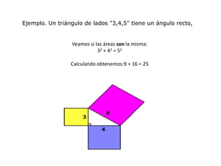 Ejemplo. Un triángulo de lados "3,4,5" tiene un ángulo recto,  Veamos si las áreas son la misma:32 + 42 = 52Calculando obtenemos:9 + 16 = 25