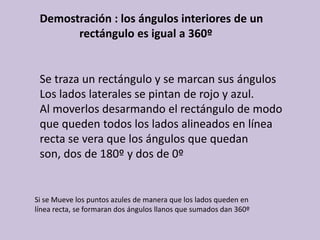 Demostración : los ángulos interiores de un                rectángulo es igual a 360ºSe traza un rectángulo y se marcan sus ángulosLos lados laterales se pintan de rojo y azul.Al moverlos desarmando el rectángulo de modo que queden todos los lados alineados en línea recta se vera que los ángulos que quedan son, dos de 180º y dos de 0ºSi se Mueve los puntos azules de manera que los lados queden en línea recta, se formaran dos ángulos llanos que sumados dan 360º