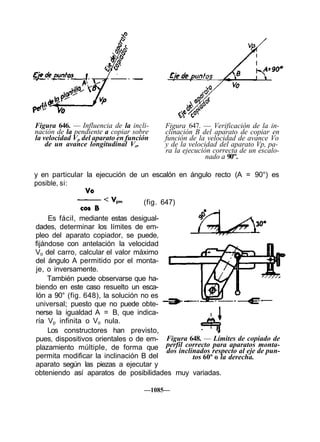 Figura 646. — Influencia de la incli-     Figura 647. — Verificación de la in-
nación de la pendiente a copiar sobre     clinación B del aparato de copiar en
la velocidad Vp del aparato en función    función de la velocidad de avance Vo
    de un avance longitudinal Vo.         y de la velocidad del aparato Vp, pa-
                                          ra la ejecución correcta de un escalo-
                                                        nado a 90".

y en particular la ejecución de un escalón en ángulo recto (A = 90°) es
posible, si:

                                    (fig. 647)

     Es fácil, mediante estas desigual-
dades, determinar los límites de em-
pleo del aparato copiador, se puede,
fijándose con antelación la velocidad
Vo del carro, calcular el valor máximo
del ángulo A permitido por el monta-
je, o inversamente.
     También puede observarse que ha-
biendo en este caso resuelto un esca-
lón a 90° (fig. 648), la solución no es
universal; puesto que no puede obte-
nerse la igualdad A = B, que indica-
ría Vp infinita o Vo nula.
     Los constructores han previsto,
pues, dispositivos orientales o de em- Figura 648. — Límites de copiado de
plazamiento múltiple, de forma que perfil correcto respecto al eje de pun-
                                        dos inclinados
                                                        para aparatos monta-
permita modificar la inclinación B del           tos 60º o la derecha.
aparato según las piezas a ejecutar y
obteniendo así aparatos de posibilidades muy variadas.

                                    —1085—
 