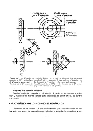 Figura 667. — Ejemplo de copiado frontal, en el que se ejecutan dos escalones
opuestos a 90°, variando el sentido de giro y pasando la herramienta al interior. —
A, Forma a conseguir. — B, Sentidos de rotación y dirección del avance. — C,
Copiado de la 1* operación (espaldón exterior a 90º). — D, Copiado de la 2ª opera-
                       ción (espaldón interior a 90 grados)

•   Copiado del escalón anterior.
    Con herramienta colocada en el interior. Invertir el sentido de la rota-
ción y mantener el mismo sentido para el avance, es decir, ahora, de centro
a exterior.

CARACTERÍSTICAS DE LOS COPIADORES HIDRÁULICOS

    Decíamos en la lección 4.ª que entendíamos por características de un
torno y, por tanto, de cualquier otra máquina o aparato, la capacidad y po-

                                    —1101—
 