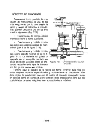 SOPORTES DE MANDRINAR

    Como en el torno paralelo, la ope-
ración de mandrinado es una de las
más engorrosas por lo que, según la
pieza y según el diámetro a mandri-
nar, pueden utilizarse uno de los tres
medios siguientes (fig. 721).
  • Herramienta de mango clásico
montada sobre la torre cuadrada.
    • Con barrena y cuchilla monta-
das sobre un soporte especial de man-
drinar (ver 3 de la figura 711).
      • Con barrena y cuchilla monta-
 das sobre soporte normal (5 de la fi-
 gura 711). La barrena va guiada y
 apoyada en un casquillo montado en
 el eje principal. En estos casos se pro- Figura 721. — Procedimientos de man-
 curará especialmente que la barrena                    drinado.
sea tan gruesa como sea posible.
     Termina aquí el estudio de la teoría del torno revólver. Este tipo de
torno requiere obreros especializados y normalmente el preparador sólo
debe vigilar la producción que con él realiza el operario encargado, tanto
en calidad como en cantidad, pero también debe preocuparse para que las
posibilidades de estas máquinas sean aprovechadas al máximo.




                                  —1172—
 