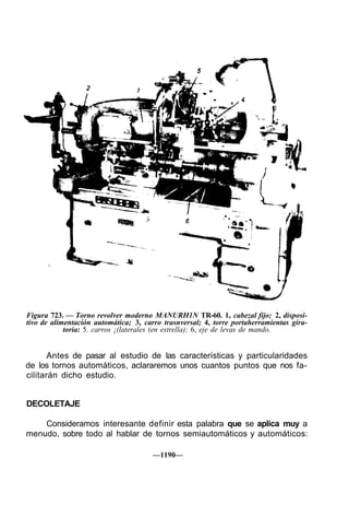 Figura 723. — Torno revolver moderno MANURH1N TR-60. 1, cabezal fijo; 2, disposi-
tivo de alimentación automática; 3, carro trasnversal; 4, torre portaherramientas gira-
            toria: 5. carros ¡(laterales (en estrella); 6, eje de levas de mando.


       Antes de pasar al estudio de las características y particularidades
de los tornos automáticos, aclararemos unos cuantos puntos que nos fa-
cilitarán dicho estudio.


DECOLETAJE

    Consideramos interesante definir esta palabra que se aplica muy a
menudo, sobre todo al hablar de tornos semiautomáticos y automáticos:

                                       —1190—
 