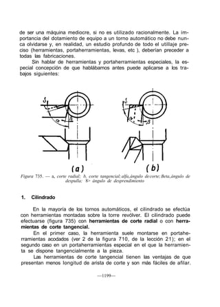 de ser una máquina mediocre, si no es utilizado racionalmente. La im-
portancia del dotamiento de equipo a un torno automático no debe nun-
ca olvidarse y, en realidad, un estudio profundo de todo el utillaje pre-
ciso (herramientas, portaherramientas, levas, etc ), deberían preceder a
todas las fabricaciones.
      Sin hablar de herramientas y portaherramientas especiales, la es-
pecial concepción de que hablábamos antes puede aplicarse a los tra-
bajos siguientes:




Figura 735. — a, corte radial; b, corte tangencial; alfa, ángulo de corte; Beta, ángulo de
                      despulla; 8> ángulo de desprendimiento


1.   Cilindrado

     En la mayoría de los tornos automáticos, el cilindrado se efectúa
con herramientas montadas sobre la torre revólver. El cilindrado puede
efectuarse (figura 735) con herramientas de corte radial o con herra-
mientas de corte tangencial.
     En el primer caso, la herramienta suele montarse en portahe-
rramientas acodados (ver 2 de la figura 710, de la lección 21); en el
segundo caso en un portaherramientas especial en el que la herramien-
ta se dispone tangencialmente a la pieza.
      Las herramientas de corte tangencial tienen las ventajas de que
presentan menos longitud de arista de corte y son más fáciles de afilar.

                                        —1199—
 