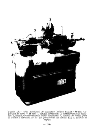 Figura 739.— Torno automático de decoletaje. Modelo BECHET Mf-1660. Ca-
pacidad de barra = 16 mm. 1, cabezal portapiezas; 2, portaherramientas radia-
les; 3,cabezal portaherramientas móvil basculante; 4, palanca de mando para
el avance y retroceso de los ejes portabrocas del cabezal (3); 5, palanca de
                                   empuje.

                                  —1204-
 