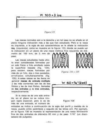 Figura 133


    Las roscas normales son a la derecha y en tal caso no se añade en el
plano ninguna indicación más a las que han estudiado. Pero si la rosca
es izquierda, a la sigla de sus características se le añade la indicación
izq. (izquierda), como se muestra en la figura 133, donde se puede ver
la indicación en un plano de una rosca métrica fina izquierda de diá-
metro de 100 mm, de 3 mm de
paso.
       Las roscas estudiadas hasta aho-
ra eran consideradas formadas por
un solo filete o hilo arrollado sobre
la superficie roscada (fig. 134),
pero existen roscas formadas por
                                               Figuras 134 y 135
más de un hilo, dos o tres paralelos,
a r r o l l a d o s simultáneamente (fig.
 135). A estas roscas se las llama en
 general roscas de entrada múltiple
 y las más corrientes son las de dos
filetes y las de tres filetes, llamadas
de dos entradas y de tres entradas,
respectivamente.
     Si la rosca es de una sola entra-
da, en el plano no se indica nin-
gún signo especial; pero si es de                Figura 136
más de una entrada, el número de
entradas se indica a continuación de la sigla del perfil y medida de la
rosca, puesto entre paréntesis y seguido de las letras ent. Por ejemplo,
en la figura 136 se muestra la representación de una rosca Whitworth
fina de dos entradas de diámetro 60 mm y de paso 1/16" (un dieci-
seisavo de pulgada).

                                    —511—
 