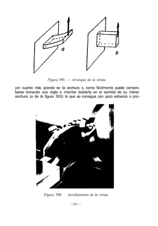 Figura 393. — Arranque de la viruta.

yor cuanto más grande es la anchura s, como fácilmente puede compro-
barse tomando una regla e intentar doblarla en el sentido de su menor
anchura (a de la figura 393) lo que se consigue con poco esfuerzo o pro-




                Figura 394.   Arrollamiento de la viruta.

                               —591 —
 