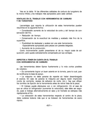 Vea en la tabla 14 las diferentes calidades de carburo de tungsteno de
la marca Widia y los trabajos más apropiados para cada calidad.

VENTAJAS EN EL TRABAJO CON HERRAMIENTAS DE CARBURO
Y DE TUNGSTENO

    Las ventajas que reporta la utilización de estas herramientas pueden
resumirse en la siguiente forma :
    • Considerable aumento de la velocidad de corte y de! tiempo de con-
servación del filo.
    • Reducción de tiempo.
    • Conservación de la exactitud de medidas y acabado más fino de la
superficie.
    • Posibilidad de desbastar y acabar con una sola herramienta.
       Especialmente apropiadas para piezas con paredes delgadas.
    • Aumento de la producción.
    Como inconveniente puede presentarse el de su mayor coste de ad-
quisición, pero queda sobradamente compensado por sus ventajas.


ASPECTOS A TENER EN CUENTA EN EL TRABAJO
CON HERRAMIENTAS DE CARBURO

    Las herramientas deben fijarse fuertemente y !o más cortas posibles
de voladizo.
    • Es conveniente lograr un buen asiento en la torreta, para lo cual, pue-
de rectificarse la base de apoyo.
    • La máquina no debe pararse de repente sin haber desembragado
el avance. En caso de pararse la máquina por alguna razón imprevista
(corte de corriente, exceso de esfuerzo de corte, etc.), hay que aflojar
los tornillos de fijación de la herramienta antes de retirar ésta de la pieza.
    • El trabajo puede efectuarse con o sin refrigeración. En el caso de
que se utilice el refrigerador (aumentar la velocidad), éste debe ser segui-
do, pues si trabaja alternativamente en seco y en húmedo se estropea más
rápidamente el filo.
    • La colocación de estas herramientas respecto al centro de la pieza,
debe cuidarse todavía más que si se tratasen de herramientas de acero
rápido.

                                   -607—
 