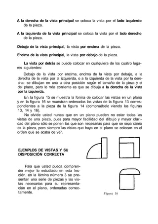 A la derecha de la vista principal se coloca la vista por el lado izquierdo
    de la pieza.

A la izquierda de la vista principal se coloca la vista por el lado derecho
    de la pieza.

Debajo de la vista principal, la vista por encima de la pieza.

Encima de la vista principal, la vista por debajo de la pieza.

    La vista por detrás se puede colocar en cualquiera de los cuatro luga-
res siguientes:
    Debajo de la vista por encima, encima de la vista por debajo, a la
derecha de la vista por la izquierda, o a la izquierda de la vista por la dere-
cha; se dibujan en una u otra posición según el tamaño de la pieza y el
del plano, pero lo más corriente es que se dibuje a la derecha de la vista
por la izquierda.
     En la figura 15 se muestra la forma de colocar las vistas en un plano
y en la figura 16 se muestran ordenadas las vistas de la figura 13 corres-
pondientes a la pieza de la figura 14 (compruébelo viendo las figuras
13, 14 y 16).
     No olvide usted nunca que en un plano pueden no estar todas las
vistas de una pieza, pues para mayor facilidad del dibujo y mayor clari-
dad del plano sólo se ponen las que son necesarias para que se sepa cómo
es la pieza, pero siempre las vistas que haya en el plano se colocan en el
orden que se acaba de ver.



EJEMPLOS DE VISTAS Y SU
DISPOSICIÓN CORRECTA


    Para que usted pueda compren-
der mejor lo estudiado en esta lec-
ción, en la lámina número 3 se pre-
sentan una serie de piezas y las vis-
tas necesarias para su representa-
ción en el plano, ordenadas correc-
tamente.                                              Figura 16
 