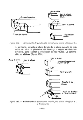 Figura 492. — Herramienta de penetración normal para rosca triángulos S. I.

      y, por tanto, paralela al plano del eje de la pieza. A partir de esta
      arista se inicia la pendiente de desahogo o ángulo de despren-
      dimiento, para facilitar la evacuación de las virutas. La penetra-
      ción es oblicua (figura 493).




Figura 493. — Herramienta de penetración oblicua para rosca triangular S. I.
                             a la izquierda

                                 —888—
 