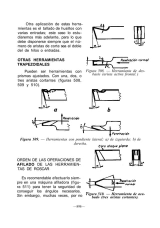 Otra aplicación de estas herra-
mientas es el tallado de husillos con
varias entradas; este caso lo estu-
diaremos más adelante, para lo que
debe disponerse siempre que el nú-
mero de aristas de corte sea el doble
del de hilos o entradas.

OTRAS HERRAMIENTAS
TRAPEZOIDALES
    Pueden ser herramientas con         Figura 508. — Herramienta de des-
prismas ajustados. Con una, dos, o          baste (arista activa frontal. )
tres aristas cortantes (figuras 508,
509 y 510).




 Figura 509. — Herramientas con pendiente lateral; a) de izquierda; b) de
                               derecha.



ORDEN DE LAS OPERACIONES DE
AFILADO DE LAS HERRAMIEN-
TAS DE ROSCAR

   Es recomendable efectuarlo siem-
pre en una máquina afiladora (figu-
ra 511) para tener la seguridad de
conseguir los ángulos necesarios.
Sin embargo, muchas veces, por no Figura 510. — aristas cortantes).aca-
                                     bado (tres
                                                 Herramienta de


                                —898—
 
