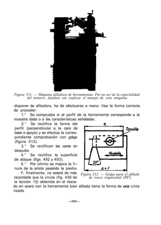 Figura 511. — Máquina afiladora de herramientas. Por no ser de la especialidad
        del tornero, dejamos sin explicar el manejo de esta máquina

 disponer de afiladora, ha de efectuarse a mano. Vea la forma correcta
de proceder:
      1. ° Se comprueba si el perfil de la herramienta corresponde a la
 muestra dada o a las características señaladas.
      2. ° Se rectifica la forma del
 perfil (perpendicular a la cara de
 base o apoyo) y se efectúa la corres-
 pondiente comprobación con galga
  (figura 512).
      3. ° Se rectifican las caras en
 despulla.
      4. ° Se rectifica la superficie
 de ataque (figs. 492 y 493).
      5. ° Por último se mejora la f i -
 nura de la arista pasando la piedra.
      Y, finalmente, no estará de más Figura 512. — Galga para el afilado
recordarle que la viruta (fig. 439 de       de rosca trapezoidal (50°).
 la lección 13) obtenida en el rosca-
do en acero con la herramienta bien afilada tiene la forma de una cinta
rizada.

                                 —899—
 
