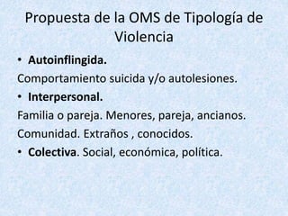 Propuesta de la OMS de Tipología de
Violencia
• Autoinflingida.
Comportamiento suicida y/o autolesiones.
• Interpersonal.
Familia o pareja. Menores, pareja, ancianos.
Comunidad. Extraños , conocidos.
• Colectiva. Social, económica, política.
 