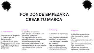 POR DÓNDE EMPEZAR A
CREAR TU MARCA


1. Programación
Su portafolio de proyectos.
¿Qué es lo que han
desarrollado?
¿En dónde puedo ver el
código y el producto final?
¿Open Source? ¿Trabajos
personales?
2. Diseño
Su portafolio de evidencias.
¿Qué es lo que han diseñado y con
qué clientes ó empresas?
¿En qué plataformas están sus
trabajos y el impacto que han tenido?
Así como en desarrollo, hay
muchísimas especialidades en las
cuales existirán ciertas redes sociales
específicas en dónde mostrar el
trabajo.
3. Marketing
Su portafolio de experiencias.
¿Qué campañas han liderado,
ejecutado y los resultados?
¿Con qué clientes ó empresas
han trabajado?
¿Qué tanto es su nivel de
conocimiento en diferentes
estrategias de distribución?
4. Negocios
Su portafolio de experiencias.
¿Qué empresas has creado ó
dirigido?
¿Qué tanto contenido creas sobre
tu sector?
¿Qué destrezas tienes en ventas,
legal, administración y
contabilidad, relacionadas
plenamente con tu industria?
 