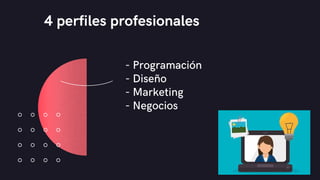 4 perfiles profesionales
- Programación
- Diseño
- Marketing
- Negocios
 