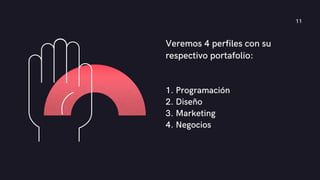 Veremos 4 perfiles con su
respectivo portafolio:
11
1. Programación
2. Diseño
3. Marketing
4. Negocios
 