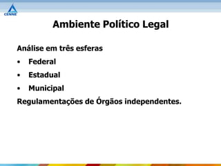 Ambiente Político Legal

Análise em três esferas
•   Federal
•   Estadual
•   Municipal
Regulamentações de Órgãos independentes.
 