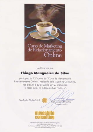 Certificado do Curso de Marketing de Relacionamento Online
