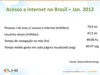 Acesso a internet no Brasil – Jan. 2012




Fonte: NielsenNentratings
 