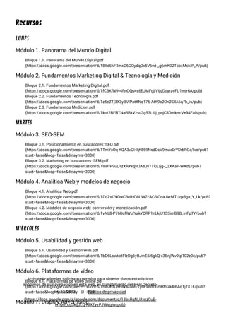 Recursos 
LUNES 
Módulo 1. Panorama del Mundo Digital 
Bloque 1.1. Panorama del Mundo Digital.pdf 
(https://docs.google.com/presentation/d/1BlldEkF3mxD6GQydqOx5V6wt-_g6mK02TcbxMckIP_A/pub) 
Módulo 2. Fundamentos Marketing Digital & Tecnología y Medición 
Bloque 2.1. Fundamentos Marketing Digital.pdf 
(https://docs.google.com/presentation/d/1fCBKfN9v4fjnOQu4s6EJMFgjlVIjqDoyravFU1mjr6A/pub) 
Bloque 2.2. Fundamentos Tecnología.pdf 
(https://docs.google.com/presentation/d/1z5cZTj3X3yBVIPatXNq176-AtK9o2On2SllA6q7h_is/pub) 
Bloque 2.3. Fundamentos Medición.pdf 
(https://docs.google.com/presentation/d/1kot2RFRTNaRRkVzsu3g53LiLj_pnjC8Dmkm-Ve94Fa0/pub) 
MARTES 
Módulo 3. SEO-SEM 
Bloque 3.1. Posicionamiento en buscadores: SEO.pdf 
(https://docs.google.com/presentation/d/1TmYsOq-KQA3vOI4Ijh869NsdDcV9max0rYDrbRGq1vs/pub? 
start=false&loop=false&delayms=3000) 
Bloque 3.2. Marketing en buscadores: SEM.pdf 
(https://docs.google.com/presentation/d/1l8RfR9uLTzXRYxqyLlA8Jy7Tl0jJjg-i_3XAaP-WXdE/pub? 
start=false&loop=false&delayms=3000) 
Módulo 4. Analítica Web y modelos de negocio 
Bloque 4.1. Analítica Web.pdf 
(https://docs.google.com/presentation/d/1DqZsI2kOwCBolHO8UW7cAC6lOoaJVrMTUqv8ga_Y_Lk/pub? 
start=false&loop=false&delayms=3000) 
Bloque 4.2. Modelos de negocio web: conversión y monetización.pdf 
(https://docs.google.com/presentation/d/1vNL8-P76UcflWuIYakYORP1nLkjU1S3imB9B_inFp7Y/pub? 
start=false&loop=false&delayms=3000) 
MIÉRCOLES 
Módulo 5. Usabilidad y gestión web 
Bloque 5.1. Usabilidad y Gestión Web.pdf 
(https://docs.google.com/presentation/d/1bD6LswkotFlzDg5yBJmE5i6gkQ-x3BnjWv0tp102z0c/pub? 
start=false&loop=false&delayms=3000) 
Módulo 6. Plataformas de vídeo 
ActivateAcademies solicita su permiso para obtener datos estadísticos 
anónimos de su navegación en esta web, en cumplimiento del Real Decreto-ley 
Bloque 6.1. Plataformas de vídeo online.pdf 
(https://docs.google.com/presentation/d/1nAORtQYF8xAron6-1ybFs8Bctu9RtS2k4iBAqTj7X1E/pub? 
start=false&loop=false&13/2012. delayms=SI 3000) 
Política de privacidad 
(https://docs.google.com/a/google.com/document/d/13bxRqN_UznzCuE-erfQO_ 
Módulo 7. Display Advertising 
qg3kgJLQ-NlXEyzPJWVgjw/pub) 
 