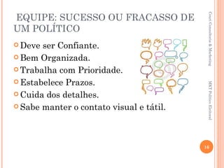 EQUIPE: SUCESSO OU FRACASSO DE




                                           Couri Consultoria & Marketing
UM POLÍTICO
 Deve ser Confiante.
 Bem Organizada.

 Trabalha com Prioridade.

 Estabelece Prazos.




                                           MKT Político Eleitoral
 Cuida dos detalhes.

 Sabe manter o contato visual e tátil.




                                          16
 