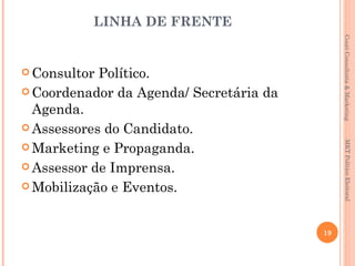 LINHA DE FRENTE




                                              Couri Consultoria & Marketing
 Consultor Político.
 Coordenador da Agenda/ Secretária da
  Agenda.
 Assessores do Candidato.

 Marketing e Propaganda.




                                               MKT Político Eleitoral
 Assessor de Imprensa.

 Mobilização e Eventos.



                                         19
 