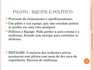 Couri Consultoria & Marketing
      PILOTO , EQUIPE E POLÍTICO.
 Precisam de treinamento e aperfeiçoamento.
 Um piloto e sua equipe, que não estudam podem
  se perder em uma rota qualquer.
 Políticos e Equipe- Pode perder a auto estima e a
  confiança, ficando sem energia para estimilar os




                                                                        MKT Político Eleitoral
  eleitores.



   DETALHE: A maioria dos acidentes aéreos
    acontecem com pilotos com mais de dez anos de
    experiência. Excesso de confiança.                25
 