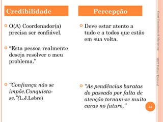 Credibilidade                       Percepção




                                                                     Couri Consultoria & Marketing
   O(A) Coordenador(a)         Deve estar atento a
    precisa ser confiável.       tudo e a todos que estão
                                 em sua volta.
   “Esta pessoa realmente
    deseja resolver o meu




                                                                 MKT Político Eleitoral
    problema.”



   “Confiança não se           “As pendências baratas
    impõe.Conquista-             do passado por falta de
    se.”(L.J.Lebre)              atenção tornam-se muito
                                 caras no futuro.”          33
 