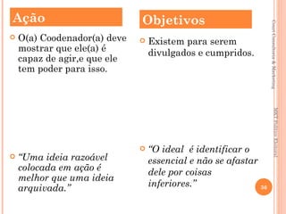 Ação                          Objetivos




                                                                  Couri Consultoria & Marketing
   O(a) Coodenador(a) deve      Existem para serem
    mostrar que ele(a) é          divulgados e cumpridos.
    capaz de agir,e que ele
    tem poder para isso.




                                                                           MKT Político Eleitoral
                                 “O ideal é identificar o
   “Uma ideia razoável           essencial e não se afastar
    colocada em ação é            dele por coisas
    melhor que uma ideia
    arquivada.”                   inferiores.”               36
 