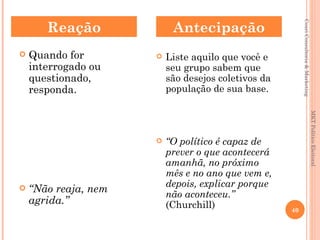 Reação              Antecipação




                                                          Couri Consultoria & Marketing
   Quando for           Liste aquilo que você e
    interrogado ou        seu grupo sabem que
    questionado,          são desejos coletivos da
    responda.             população de sua base.




                                                                                          MKT Político Eleitoral
                         “O político é capaz de
                          prever o que acontecerá
                          amanhã, no próximo
                          mês e no ano que vem e,
                          depois, explicar porque
   “Não reaja, nem       não aconteceu.”
    agrida.”              (Churchill)                40
 