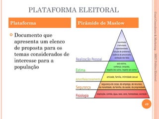 PLATAFORMA ELEITORAL




                                                      Couri Consultoria & Marketing
Plataforma                  Pirâmide de Maslow

   Documento que
    apresenta um elenco
    de proposta para os
    temas considerados de




                                                       MKT Político Eleitoral
    interesse para a
    população




                                                 49
 
