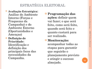 ESTRATÉGIA ELEITORAL




                                                              Couri Consultoria & Marketing
   Avaliação Estratégica:
    Análise do Ambiente       Programação das
    Interno (Forças e          ações: definir quem
    Fraquezas da               vai fazer; o que será
    Campanha) e do             feito, como será feito,
    Ambiente Externo           quando será feito e
    (Oportunidades e           quanto custará para




                                                                MKT Político Eleitoral
    Ameaças)                   ser realizado.
   Definição de
                              Monitoração:
    Prioridade:
    Identificação e            acompanhar todas as
    definição dos              etapas para garantir
    principais focos das       que seguirão o
    necessidades da            planejamento previsto
    Campanha.                  e atingir o sucesso       54
                               almejado.
 