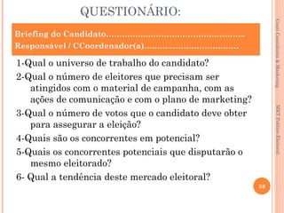 QUESTIONÁRIO:




                                                           Couri Consultoria & Marketing
Briefing do Candidato……………………………………………..
Responsável / CCoordenador(a)………………………………

1-Qual o universo de trabalho do candidato?
2-Qual o número de eleitores que precisam ser
   atingidos com o material de campanha, com as
   ações de comunicação e com o plano de marketing?




                                                            MKT Político Eleitoral
3-Qual o número de votos que o candidato deve obter
   para assegurar a eleição?
4-Quais são os concorrentes em potencial?
5-Quais os concorrentes potenciais que disputarão o
   mesmo eleitorado?
6- Qual a tendência deste mercado eleitoral?
                                                      59
 
