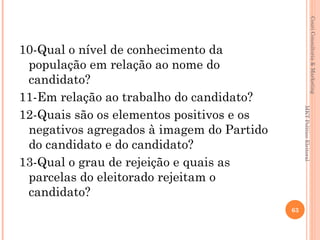 Couri Consultoria & Marketing
10-Qual o nível de conhecimento da
 população em relação ao nome do
 candidato?
11-Em relação ao trabalho do candidato?




                                                MKT Político Eleitoral
12-Quais são os elementos positivos e os
 negativos agregados à imagem do Partido
 do candidato e do candidato?
13-Qual o grau de rejeição e quais as
 parcelas do eleitorado rejeitam o
 candidato?
                                           63
 