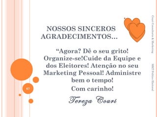 Couri Consultoria & Marketing
      NOSSOS SINCEROS
     AGRADECIMENTOS…

        “Agora? Dê o seu grito!
     Organize-se!Cuide da Equipe e
     dos Eleitores! Atenção no seu




                                     MKT Político Eleitoral
     Marketing Pessoal! Administre
             bem o tempo!
67           Com carinho!
            Tereza Couri
 