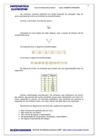MATEMÁTICAMATEMÁTICAMATEMÁTICAMATEMÁTICA
ELEMENTARELEMENTARELEMENTARELEMENTAR
Curso de Matemática Básica Autor: ROBERTO PINHEIRO
AcervoSaber Sua fonte de trabalhos escolares na NET http://www.acervosaber.com.br
7
Os numerais romanos sofreram um longo processo de evolução. Veja al-
guns exemplos de como os símbolos se transformaram:
O cinco, a princípio, era escrito assim:
indicando os cinco dedos da mão. Depois, com o passar do tempo, ele foi
simplificado para:
O cinqüenta teve a seguinte transformação:
O mil teve a seguinte transformação:
Na época de Cristo, os símbolos que tinham seu uso generalizado eram os
seguintes:
Letras Valores
I 1
V 5
X 10
L 50
C 100
D 500
M 100
Outras modificações aconteceram. Os romanos, que utilizavam um princí-
pio aditivo, agrupando até quatro símbolos iguais para representar um novo nú-
mero, passaram a utilizar um princípio subtrativo, que consistia em escrever à
esquerda de um símbolo maior, um valor menor que dele devia ser subtraído.
Atualmente os algarismos romanos são usados principalmente:
• Nos números de capítulos de um livro.
• Nas cenas de um teatro.
• Nos nomes de papas e imperadores.
• Na designação de congressos, olimpíadas, assembléias...
• Em alguns mostradores de relógio.
 