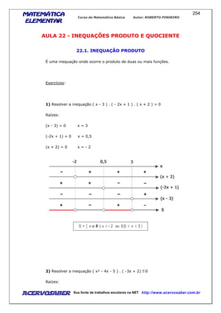 MATEMÁTICAMATEMÁTICAMATEMÁTICAMATEMÁTICA
ELEMENTARELEMENTARELEMENTARELEMENTAR
Curso de Matemática Básica Autor: ROBERTO PINHEIRO
AcervoSaber Sua fonte de trabalhos escolares na NET http://www.acervosaber.com.br
254
AULA 22 - INEQUAÇÕES PRODUTO E QUOCIENTE
22.1. INEQUAÇÃO PRODUTO
É uma inequação onde ocorre o produto de duas ou mais funções.
Exercícios:
1) Resolver a inequação ( x - 3 ) . ( - 2x + 1 ) . ( x + 2 ) > 0
Raízes:
(x - 3) = 0 x = 3
(-2x + 1) = 0 x = 0,5
(x + 2) = 0 x = - 2
2) Resolver a inequação ( x² - 4x - 5 ) . ( -3x + 2) 0
Raízes:
 