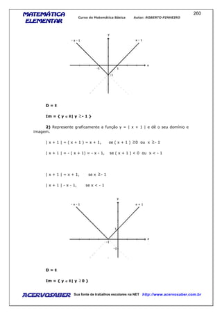 MATEMÁTICAMATEMÁTICAMATEMÁTICAMATEMÁTICA
ELEMENTARELEMENTARELEMENTARELEMENTAR
Curso de Matemática Básica Autor: ROBERTO PINHEIRO
AcervoSaber Sua fonte de trabalhos escolares na NET http://www.acervosaber.com.br
260
D =
Im = { y ∈∈∈∈ | y - 1 }
2) Represente graficamente a função y = | x + 1 | e dê o seu domínio e
imagem.
| x + 1 | = ( x + 1 ) = x + 1, se ( x + 1 ) 0 ou x - 1
| x + 1 | = - ( x + 1) = - x - 1, se ( x + 1 ) < 0 ou x < - 1
| x + 1 | = x + 1, se x - 1
| x + 1 | - x - 1, se x < - 1
D =
Im = { y ∈∈∈∈ | y 0 }
 