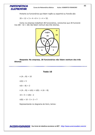 MATEMÁTICAMATEMÁTICAMATEMÁTICAMATEMÁTICA
ELEMENTARELEMENTARELEMENTARELEMENTAR
Curso de Matemática Básica Autor: ROBERTO PINHEIRO
AcervoSaber Sua fonte de trabalhos escolares na NET http://www.acervosaber.com.br
46
Portanto os funcionários que falam inglês ou espanhol ou francês são:
20 + 12 + 3 + 4 + 8 + 1 + 4 = 52.
Como na empresa trabalham 80 funcionários, concluimos que 28 funcioná-
rios (80 - 52 = 28) não falam nenhum dos três idiomas.
Resposta: Na empresa, 28 funcionários não falam nenhum dos três
idiomas
Teste 10
n (A ∪ B) = 10
n(A) = 5
n(A ∩ B) = 2
n (A ∪ B) = n(A) + n(B) - n (A ∩ B)
10 = 5 + n(B) - 2
n(B) = 10 - 5 + 2 = 7
Representando no diagrama de Venn, temos:
 