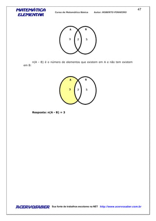 MATEMÁTICAMATEMÁTICAMATEMÁTICAMATEMÁTICA
ELEMENTARELEMENTARELEMENTARELEMENTAR
Curso de Matemática Básica Autor: ROBERTO PINHEIRO
AcervoSaber Sua fonte de trabalhos escolares na NET http://www.acervosaber.com.br
47
n(A - B) é o número de elementos que existem em A e não tem existem
em B:
Resposta: n(A - B) = 3
 