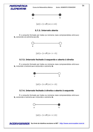 MATEMÁTICAMATEMÁTICAMATEMÁTICAMATEMÁTICA
ELEMENTARELEMENTARELEMENTARELEMENTAR
Curso de Matemática Básica Autor: ROBERTO PINHEIRO
AcervoSaber Sua fonte de trabalhos escolares na NET http://www.acervosaber.com.br
54
5.7.2. Intervalo aberto
É o conjunto formado por todos os números reais compreendidos entre a e
b, excluindo os extremos a e b.
5.7.3. Intervalo fechado à esquerda e aberto à direita
É o conjunto formado por todos os números reais compreendidos entre a e
b, incluindo o extremo a e excluindo o extremo b.
5.7.4. Intervalo fechado à direita e aberto à esquerda
É o conjunto formado por todos os números reais compreendidos entre a e
b, excluindo o extremo a e incluindo o extremo b.
 