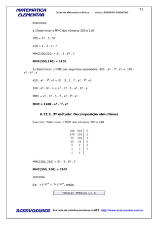 MATEMÁTICAMATEMÁTICAMATEMÁTICAMATEMÁTICA
ELEMENTARELEMENTARELEMENTARELEMENTAR
Curso de Matemática Básica Autor: ROBERTO PINHEIRO
AcervoSaber Sua fonte de trabalhos escolares na NET http://www.acervosaber.com.br
71
Exercícios:
1) Determinar o MMC dos números 300 e 210
300 = 2² . 3 . 5²
210 = 2 . 3 . 5 . 7
MMC(300,210) = 2² . 3 . 5² . 7
MMC(300,210) = 2100
2) Determinar o MMC das seguintes expressões: 420 . a² . . x³ e 180 .
a³ . b² . x
420 . a² . . x³ = 2² . 3 . 5 . 7 . a² . . x³
180 . a³ . b² . x = 2² . 3² . 5 . a³ . b² . x
MMC = 2² . 3² . 5 . 7 . a³ . . x³
MMC = 1260 . a³ . . x³
6.12.2. 2º método: Decomposição simultânea
Exercício: Determinar o MMC dos números 300 e 210
MMC(300, 210) = 2² . 3 . 5² . 7
MMC(300, 210) = 2100
Teorema:
Se: , então:
MDC(a,b) . MMC(a,b) = a . b
 