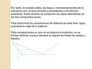 Por tanto, en estado sólido, las fases o microcomponentes de la
estructura son: la fase primaria o proeutéctica y las láminas
eutécticas. Estas láminas se componen de capas alternativas de
los dos compuestos puros.
Para determinar las proporciones de relativas de cada fase, sigue
usándose la regla de la palanca.
Para composiciones en que no se alcanza el eutéctico, no se
forman láminas, aunque siempre se siguen las líneas de solidus y
liquidus.
 